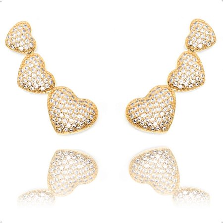 Brinco Ear Cuff Três Coração Cravejado Banhado A Ouro