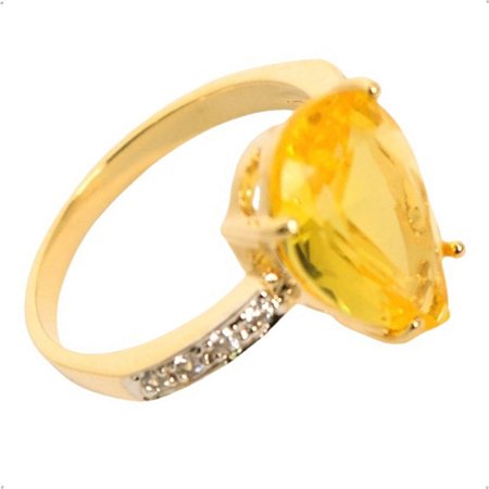 Anel Solitário Gota Cristal Amarelo Banhado a Ouro Luxo