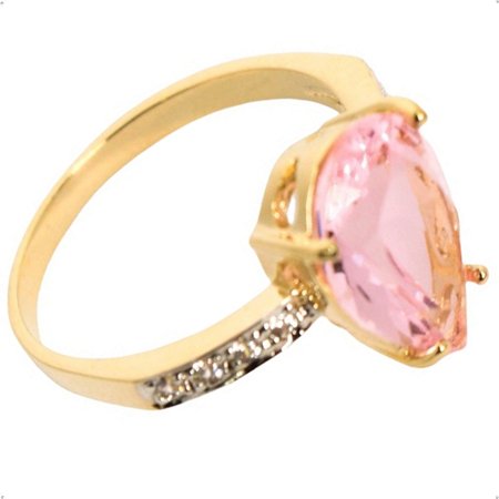 Anel Solitário Gota Cristal Rosa Banhado a Ouro Luxo