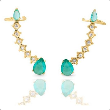 Brinco Ear Cuff  em Gota Cristal e Turmalina Banhado Em Ouro