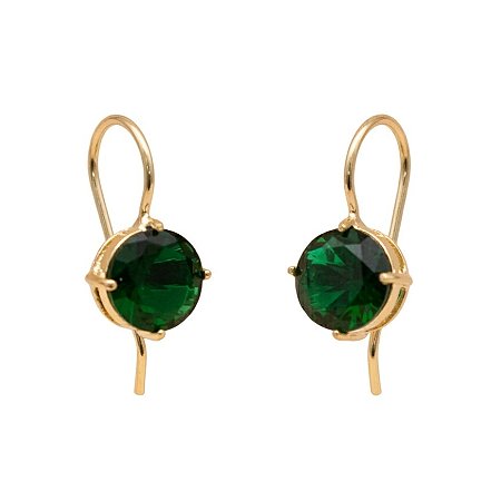 Brinco Anzol Zirconia Redonda Verde Banhado a Ouro