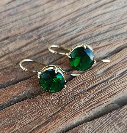 Brinco Anzol Zirconia Redonda Verde Banhado a Ouro