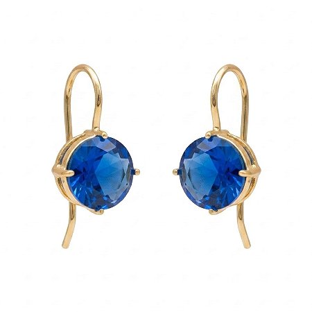 Brinco Anzol Zirconia Redonda Azul Bic Banhado a Ouro