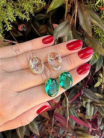 Brinco Oval Cristal Grande Esmeralda Banhado Ouro 18k