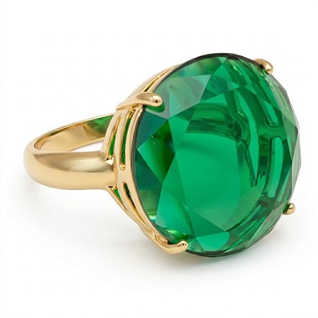 Anel Pedra Redonda Grande Cristal Verde Esmeralda Banhado a Ouro