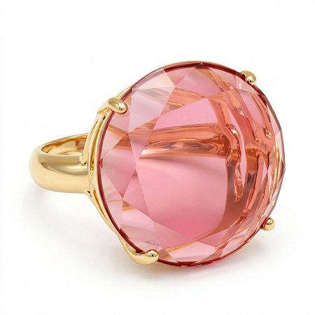Anel Pedra Redonda Grande Cristal Rubelita Banhado a Ouro