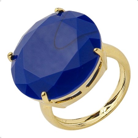 Anel Pedra Redonda Grande Cristal Azul Bic Banhado a Ouro