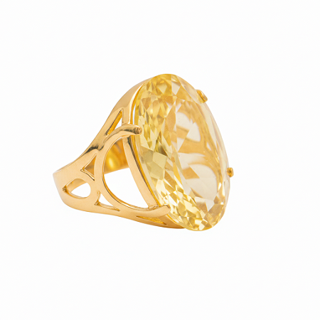 Anel Pedra Oval Grande Amarelo Topázio Banhado a Ouro 18k Luxo