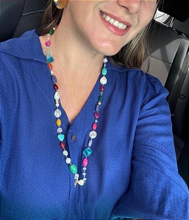 Colar Mix de Pedras Coloridos Feminino Banhado A Ouro
