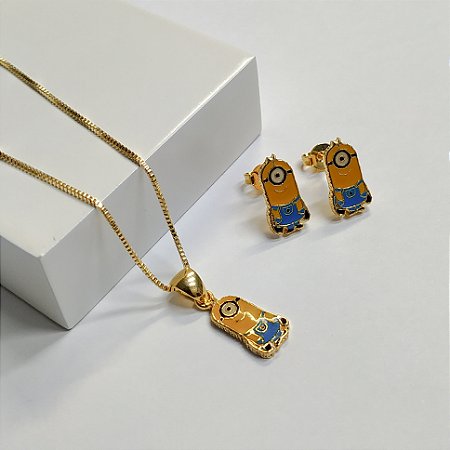 Conjunto Infantil Colar e Brinco Minions Tarraxa  Resina