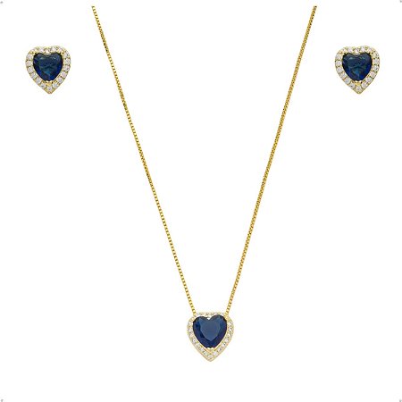 Conjunto Brinco Colar Coração Safira Banhado a Ouro