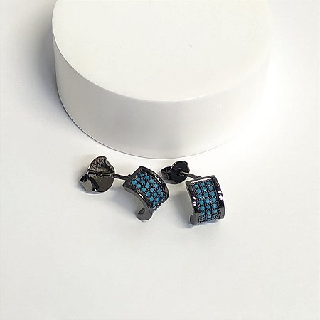 Brinco Meia Argola Cravejado Nano Turquesa  Banhado em Ródio Negro