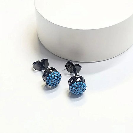 Brinco Meia Bola Cravejado Nano Turquesa  Banhado em Ródio Negro