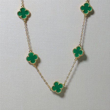 Colar 5 Trevos Verde Flor Banhado a Ouro Moda