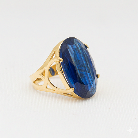 Anel Pedra Oval Grande Azul Riscado Safira Banhado a Ouro