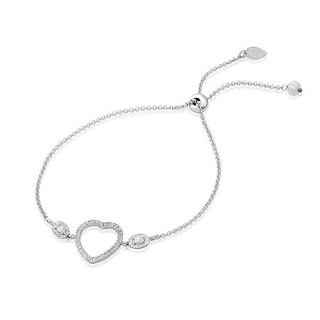 Pulseira semi joia com coração cravejado de zircônias, banhada em ródio branco