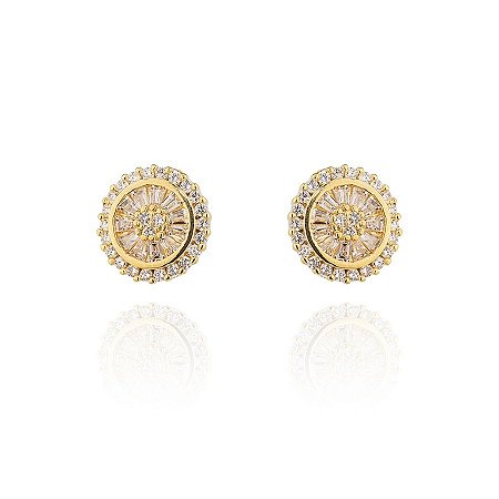 Brinco Semijoia Em Formato De Pizza, Cravejado Com Cristais De Zircônia E Banhado Em Ouro 18k