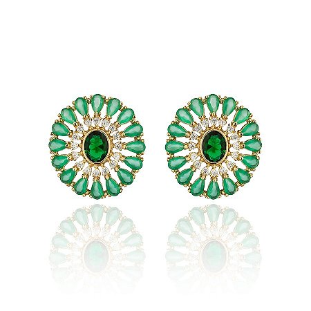 Brinco Semijoia Oval, Cravejado Com Gotas De Cristais E Zircônias, Banhado Em Ouro 18k