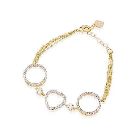 Pulseira Semi Joia Com Círculos E Coração Cravejados Com Zircônias, Banhada Em Ouro 18k