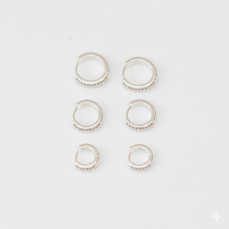 Brinco kit Trio de Argolas Cravejadas 1 2 3 Furos Prata 925