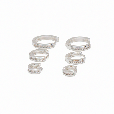 Brinco kit Trio de Argolas Cravejadas Fileira de Zirconias Prata 925