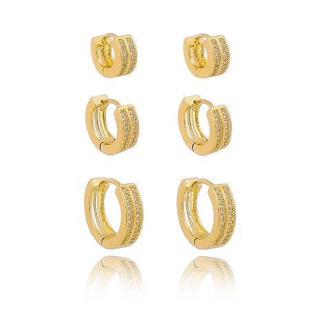 Trio De Argolas Cravejadas 1 2 3 Furos Banhada Ouro 18k