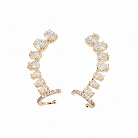 Earcuff Brinco Com Gotas brancas Zirconia Folheado Em Ouro