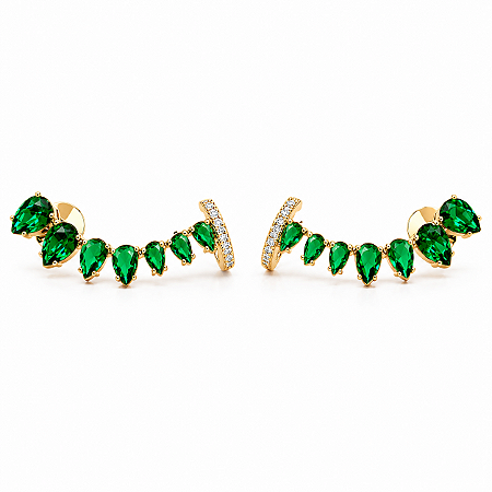 Brinco Ear Cuff Esmeralda Feminino Banhado a Ouro Pressão