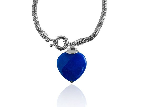 Pulseira Grossa Coração Pedra Azul Banhada Ródio Branco