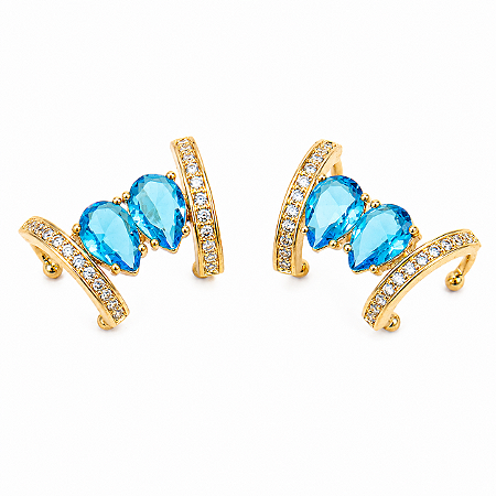 Brinco Piercing Fake Orelha Azul Safira Folheado Ouro Par