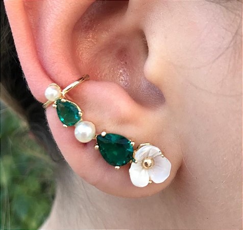 Brinco Ear Cuff Verde Esmeralda Madre Perola Banho Ouro