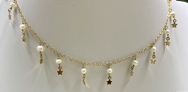 Colar Chocker Perolas e Estrelinhas Banhado Em Ouro 18k