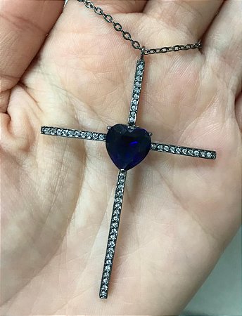 Colar Crucifixo e Coração Azul Corrente Tiffany Rodio Negro