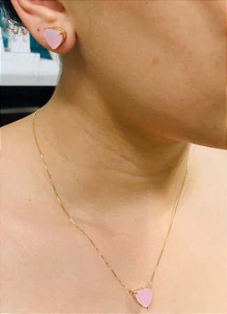 Conjunto Colar Brinco Coração Rosa Banhado A Ouro