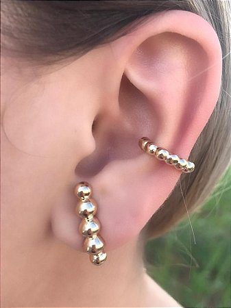 Conjunto Brinco Ear Hook E Piercing Fake de Bolinha Dourada
