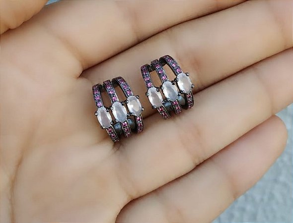 Brinco Piercing Fake Orelha Rosa 3 Aros Banhado Ródio Negro