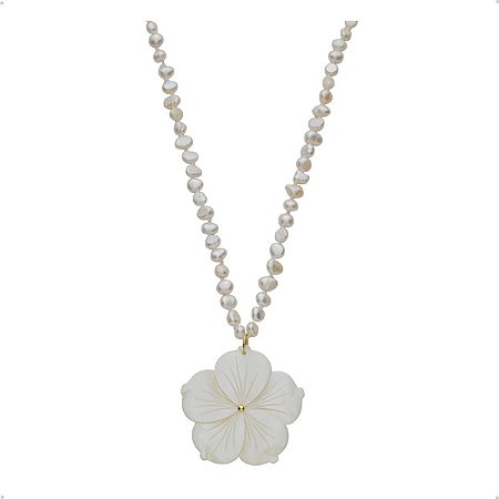 Colar de Pérola com Pingente de Flor Madre Pérola Banho Ouro