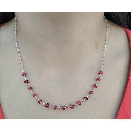 Colar Pedra Vermelho Rubi Facetado Banhado a Ouro 18k