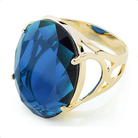 Anel Pedra Oval Grande Cristal Azul Safira Banhado a Ouro