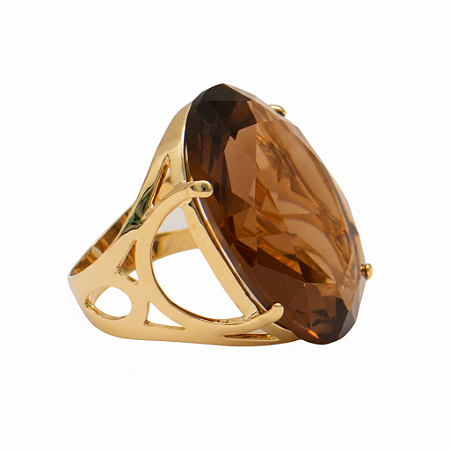 Anel Pedra Oval Grande Cristal Fume Banhado a Ouro