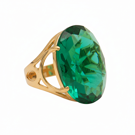 Anel Pedra Oval Grande Verde Esmeralda Banhado a Ouro