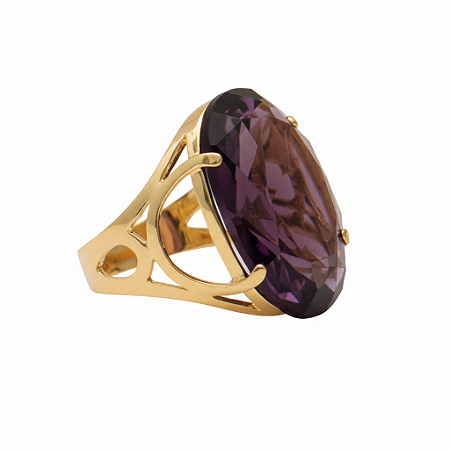 Anel Pedra Oval Grande Ametista Banhado a Ouro 18k Luxo