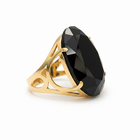 Anel Pedra Oval Grande Preto Onix Banhado a Ouro 18k Luxo