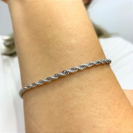 Pulseira Cordão Baiano Banhado em Ródio Branco 3mm