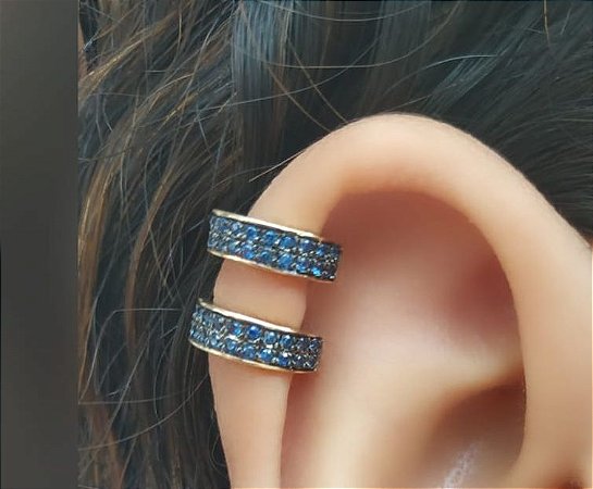 Brinco Piercing Fake Orelha Azul Banhado a Ouro Unitário