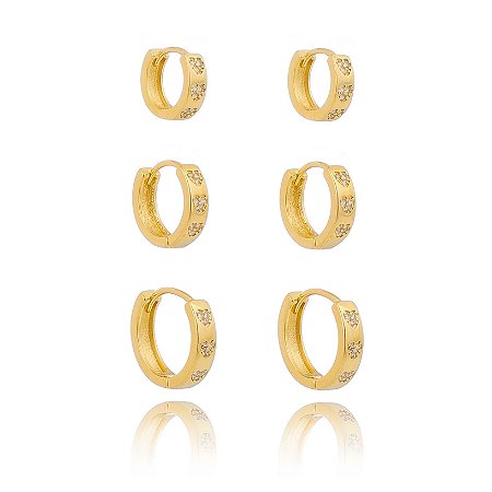 Trio Argolas Cravejadas 1 2 3 Furos Banhada a Ouro 18k