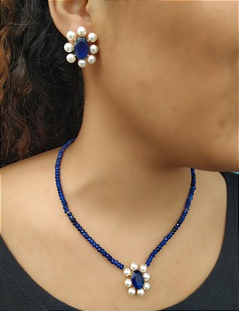 Conjunto de Colar e Brinco Azul Safira e Pérola Banho Ouro