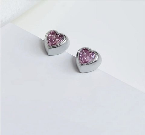 Brinco Coração Zircônia Rosa