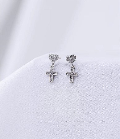 Brinco Cruz 1,5cm Ródio Zircônias