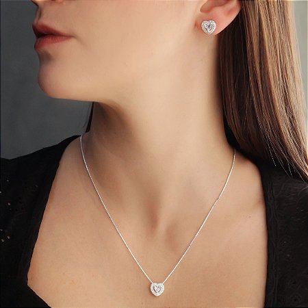 Conjunto Coração Zircônia Cravejado Banhado Prata